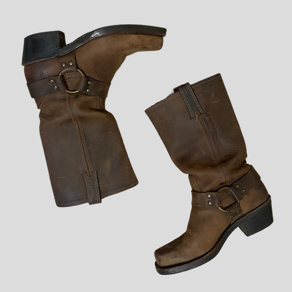Frye 12R Dark Brown Leather Square Toe Harness Boots Size 7